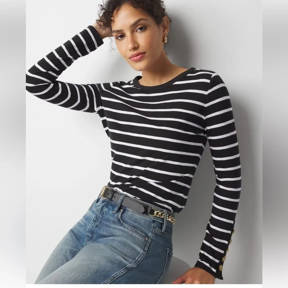 White House Black Market Striped Long Sleeve Tee with Gold Accent Buttons XXS